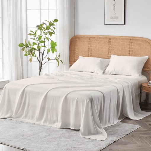 Juego de sabanas SIJO AiryWeight Tencel, 100% Lyocell derivado de eucalipto, suave como mantequilla, Ganador al Mejor Juego de Sabanas Refrigerantes segun Architectural Digest 2022 - 4 piezas - 2 fundas de almohada 1 sabana ajustable 1 sabana encimera (Marfil, Queen)