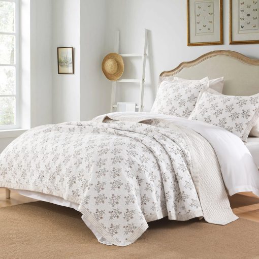 Edredon tamano King CozyStitch, 100% algodon, juego de conforter moderno granjero tamano King, Colcha blanca/almedra, Colcha reversible ligera floral Juego de ropa de cama para todas las estaciones, 3 piezas - Imagen 2