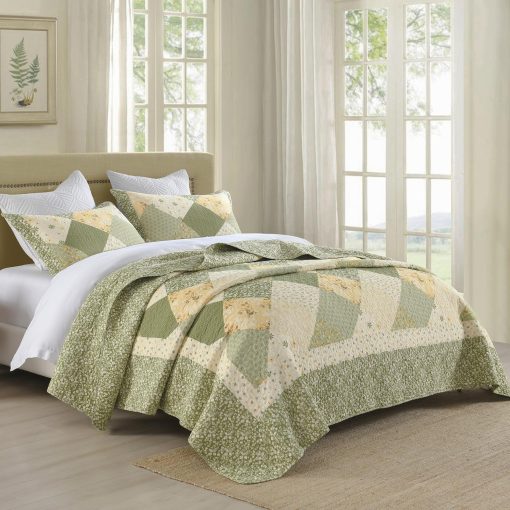 Colcha de Cama Acolchada de Algodon 100% de Gran Tamano 128"x120", Ligera Colcha Extra Grande para Cama King de California, Cubrecamas Reversible Acolchado, Juego de 3 Piezas, Verde - Imagen 2