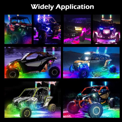 Paquete de 2 luces LED de latigo de 3 pies y luces de roca de 3? generacion con Bluetooth y control remoto 360° Spiral Chase RGB 8 Pods Luz de neon Luces de advertencia offroad Luces de antena iluminadas con LED - Imagen 6