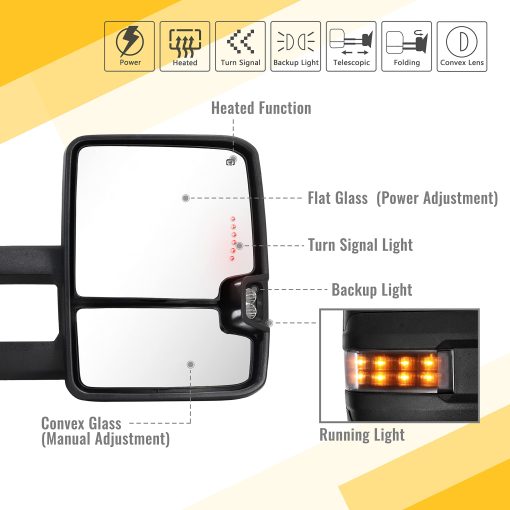 Espejos de Remolque Compatibles con Chevy Silverado GMC Sierra 2014-2018 1500 2500 HD 3500 HD con Vidrio Electrico Flecha LED de Señal de Giro Lampara de Marcha Atras Luz Corriente Funciones Extensibles Juego de Pares - Imagen 2