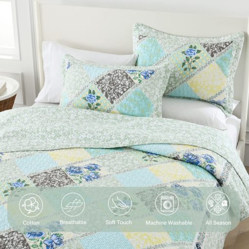 Colcha extragrande Finlonte 120x120 pulgadas - Colcha de algodon California King al 100%, Colcha extra grande, Colcha de retales de granja, Colcha acolchada reversible ligera, Juego de ropa de cama, Verde/Azul - Imagen 6