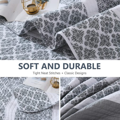Juego de Colchas King Size DUOHONG - Juego de Colchas de Cama King, Juego de Ropa de Cama de Colchas de Algodon 100% para Cama King, 3 Piezas Colcha Reversible Acolchada Ligera, Gris Azulado - Imagen 6