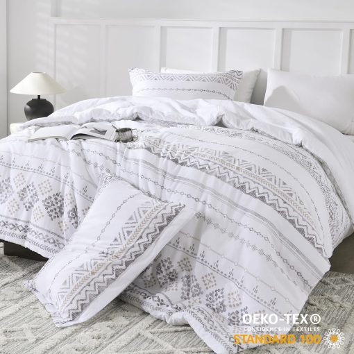 Juego de Edredon CozyDH Boho Tamaño King - 100% Algodon Egipcio de Fibra Larga Diseño Moderno con Geometrico, Moderno Transpirable Ligero Juego de Ropa de Cama para Todas las Estaciones con Fundas, 90"x104", Gris/Blanco, 3 Piezas - Imagen 6