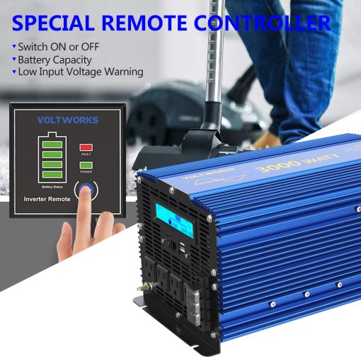 Inversor de corriente de onda sinusoidal pura de 3000 vatios 3000w 12V DC a 110V 120V AC ETL enumerado UL 458 con control remoto y LCD 4 salidas de CA Doble puerto USB 2.4A y 1 Bloque de terminal de CA por VOLTWORKS - Imagen 7