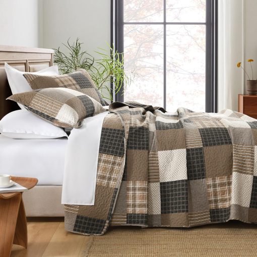 Juego de Edredon Patchwork 100% Algodon Queen - Colcha de Cuadros en Estilo Granja para Cama Queen, Set de Edredon Suave y Ligero para Todas las Estaciones, Juego de Ropa de Cama Rustica 3pcs, Cafe/Negro - Imagen 4