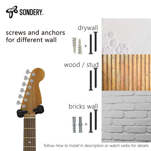 Colgador de Guitarra de Pared Sondery, Con Bloqueo Automatico y Gancho Ajustable para Guitarra Acustica y Electrica, Ukulele, Bajo, Banjo y Mandolina, NO para Acabado de Nitro - Imagen 2