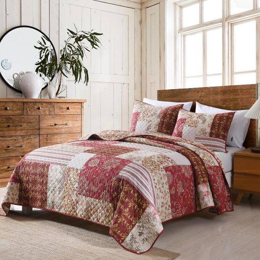 Juego de Edredon Navideno Travan de Algodon con Puntadas Reales Tamano King Juego de Ropa de Cama Acolchado Reversible con Fundas (Rojo Floral con Puntadas Reales, King 106"x92") - Imagen 2
