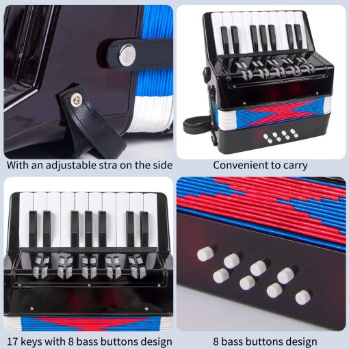 Acordeon de 17 teclas para ninos estudiantes 8 bajos con correas para principiantes instrumento musical educativo (Negro) - Imagen 5