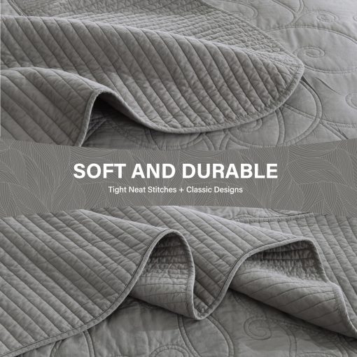 SahSahCasa 100% Algodon 120"x102" Colcha de Cama Queen Extra Grande, Edredon, Colcha Cubrecama Queen XL, Conforter Ligero, 3 Piezas, Gris - Imagen 5