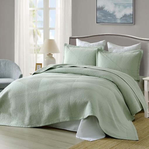 Edredon King Size PERHOM - Juego de edredon King, 100% algodon, lujoso juego de edredon de rayas verdes solidas, colcha de cama ligera para cama King con 2 fundas de almohada, juego de cama de temporada completa, 3 piezas - Imagen 4