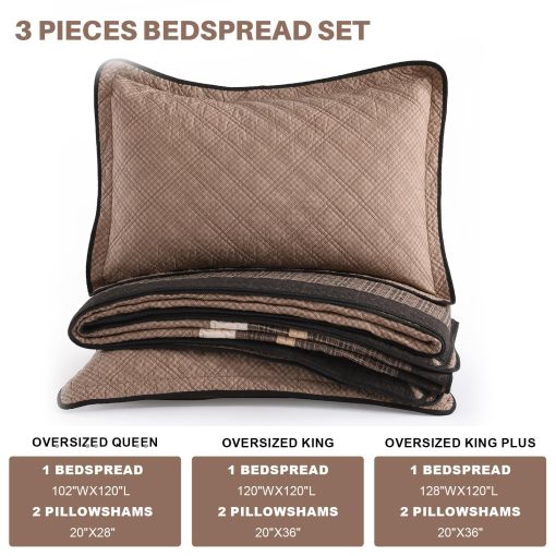 Colcha de cama extra grande FineStichery 120"x102" - Juego de cubrecamas de algodon al estilo granja para cama queen con fundas de almohada, Cubierta de cama acolchada ligera, 3 piezas, Cafe/Beige - Imagen 6
