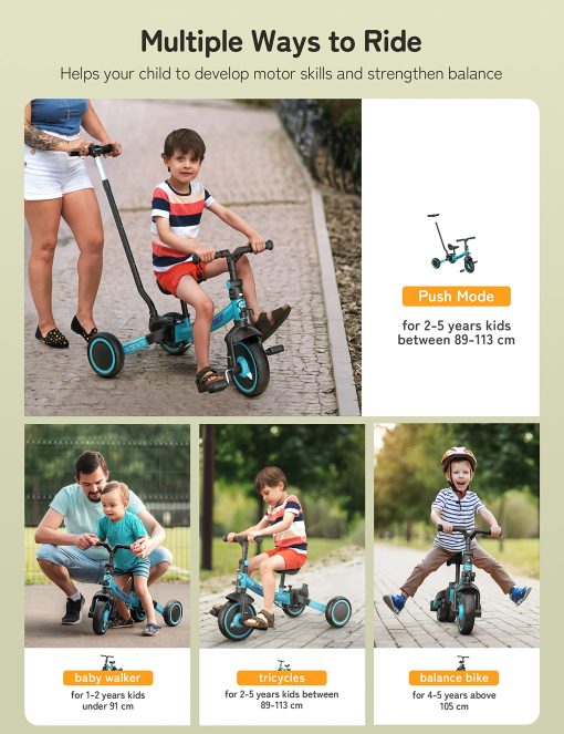 besrey Bicicleta 7-en-1 para niños con manillar de direccion de empuje para niñas y niños de 1 a 5 años, Triciclo plegable para niños, Triciclo para niños con pedales extraibles, Asiento ajustable en altura (Verde) - Imagen 3
