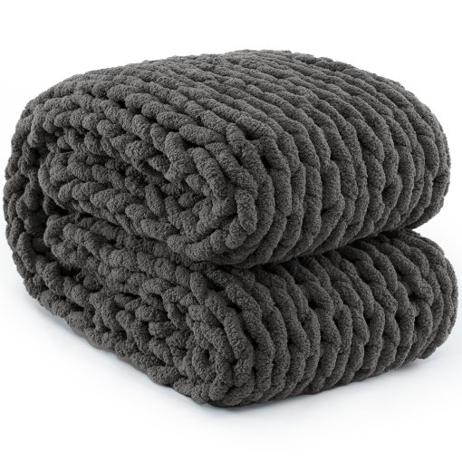 Manta de Punto Grueso Carriediosa 60" X 80" Twin, 100% Hecha a Mano con Gran Bucle de Chenille Suaves y Esponjosas para Sofa Cama, Manta Gruesa de Cable Tejida Acogedora, Gris Oscuro - Imagen 9