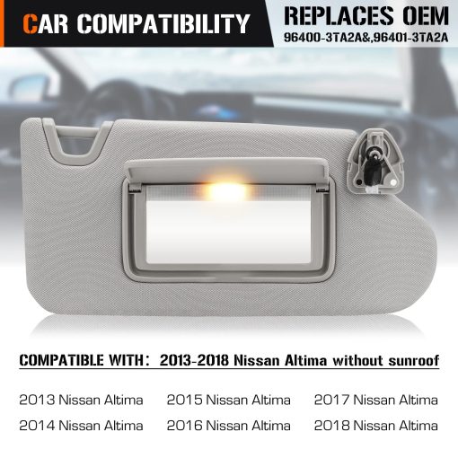 Visera solar izquierda y derecha con luz de tocador para Nissan Altima 2013-2018 sin techo solar, lado del conductor y del pasajero en gris - Reemplazo de visera solar 96400-3TA2A - Imagen 2
