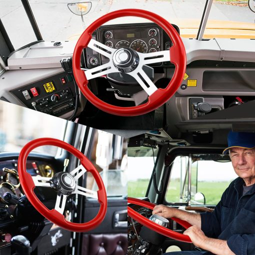 Volante de direccion de madera maciza de 18" lacado camion 4 radios de aluminio cromado volante para semi-remolques, camiones Kenworth, Peterbilt, Volvo, Freightliner (rojo) - Imagen 5