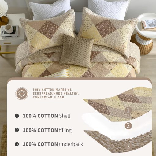 Colcha de Cama de 120"x120" Estilo Sobredimensionado California King de Finlonte, 100% Algodon Colcha Cal King Acolchada, Reversible Acolchado Extra Grande de Estilo Granja XL, Marron/Blanco Crema, 3 Piezas - Imagen 7