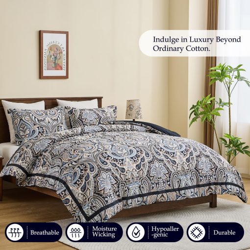 Juego de Edredon Damasco Paisley PlushVibes - Juego de Reversible de Cama de Lujo Tamano Queen 100% Algodon, Ligero 400TC con 2 Fundas para Almohadas, Negro Beige Marron - Todo el Ano 90"x90" - Imagen 4