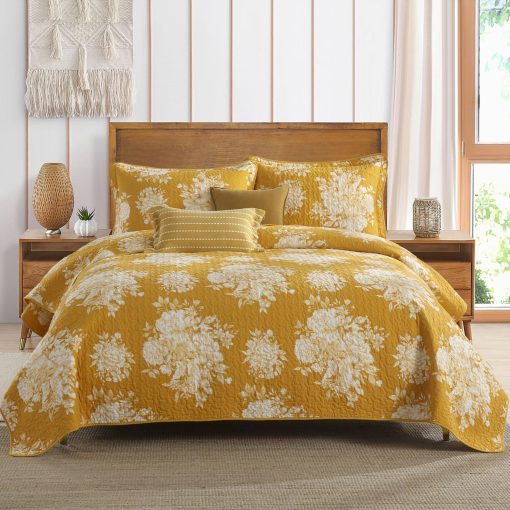 Juego de edredon estampado floral amarillo PERHOM en tamano King - Juego de edredon King de algodon 100%, suave y transpirable, juego de ropa de cama de estilo campestre, cubrecamas, edredon de cama para todas las estaciones, 3 piezas