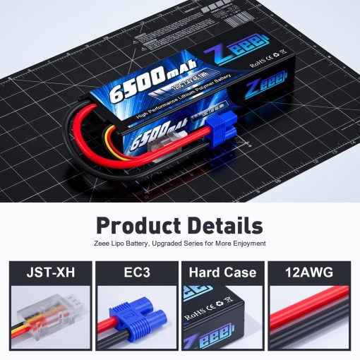 Bateria Lipo Zeee 2S 6500mAh 120C 7.4V con Estuche Rigido y Conector EC3 para Vehiculos RC Coche Camion Truggy Modelos de Carreras a Escala 1/10 (Paquete de 2) - Imagen 3