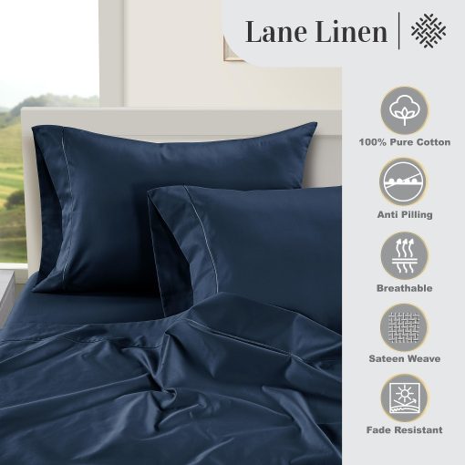 Juego de sabanas de algodon egipcio Egipciano 100% LANE LINEN - 1000 hilos 4-Piezas para Cama King California, Sabana de algodon de fibra larga, Tela de saten, Sabanas de hotel de lujo, Para colchones de hasta 16" - Azul Estate - Imagen 5