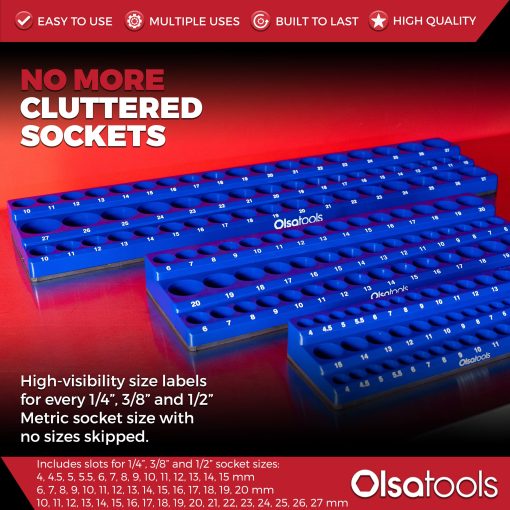 Organizador de enchufes magneticos Olsa Tools | Kit de 3 piezas | 1/2 pulgada, 3/8 pulgada y 1/4 pulgada | Organizadores de enchufes para cajas de herramientas | Azul | Capacidad de 141 enchufes | Organizador de herramientas de grado profesional | Parte 1562 - Imagen 4