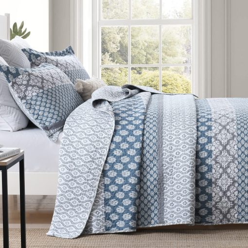 SahSahCasa Quilt King Size, Juego de Edredon King, 100% Algodon Edredon Floral, Juego de Edredon King, Colchas de Cama, Colchas Reversibles Acolchadas Ligeras para Todas las Estaciones, Azul/Gris, 3 Piezas - Imagen 3