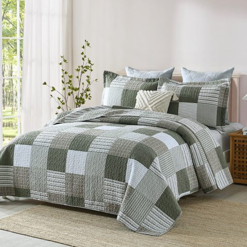 Juego de Edredon Queen KALOOLA de Algodon, Set de Cama de Plaid Verde Beige 3 Piezas, Cubrecamas Ligero de Granja para Todas las Estaciones, 1 Edredon 2 Fundas de Almohada - Imagen 2