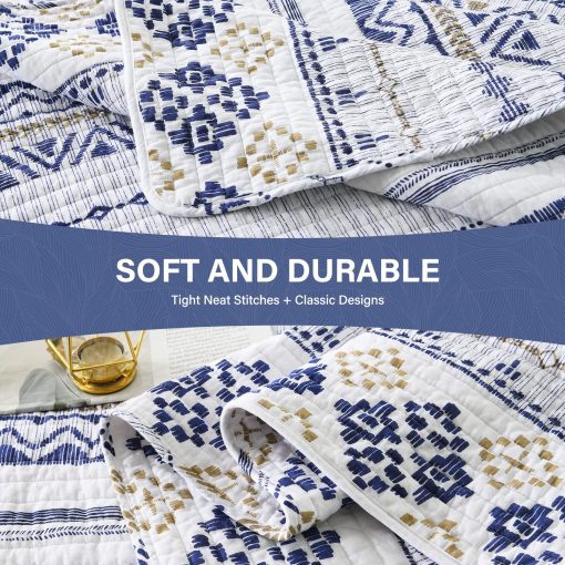 Juego de Colcha Queen Size SahSahCasa, Set de Colcha Queen, Colcha Boho 100% Algodon, Set de Ropa de Cama Queen Edredones, Colchas Reversibles Bohemias Rayadas Ligeras para Todas las Estaciones, Blanco/Azul Marino/Beige - Imagen 5