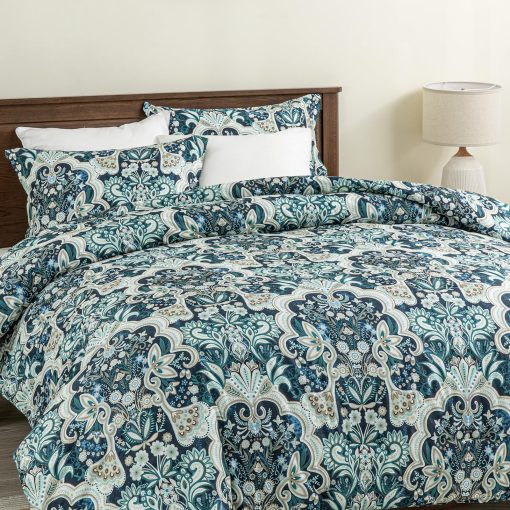 Juego de Edredon Queen Finlonte Damask, Edredon de Algodon 100%, Juego de Cama de Edredon Floral Paisley, Edredon de Lujo etnico Tamano Queen, Edredon Acolchado Suave Ligero Todo el Ano, Azul Marino/Taupe - Imagen 5