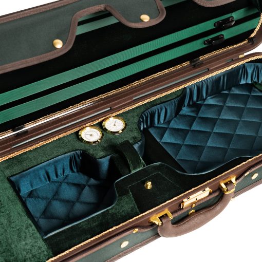 Estuche de violin de madera dura profesional MI&VI NW-9001 4/4 (tamano completo) Forro de seda de lujo | Madera maciza | Forma oblonga | Bolsillo para partituras | Correas ajustables | Higrometro | Termometro (Verde - Madera) - Imagen 3