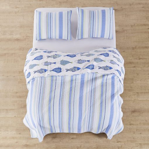 Juego de Edredon Levtex Home - Catalina - Edredon Tamano Completo/Queen (88x92in.) + Dos Fundas de Almohada Estandar (26x20in.) - Patron a Rayas Costeras en Azules y Verdes - Reversible - Tela de Algodon - Imagen 4