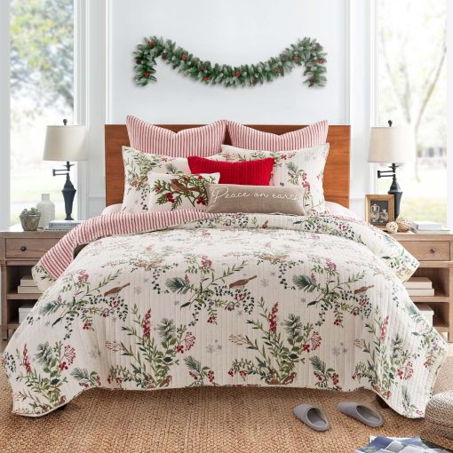 Set de Edredon de Navidad Levtex Home - Winterberry Forest - Tamaño Full/Queen 88x92 y Dos Fundas Estandar 20x26 - Verde, Rojo, Gris y Crema - Reversible - Algodon/Poliester