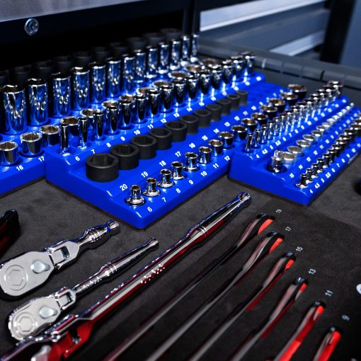 Organizador de enchufes magneticos Olsa Tools | Kit de 3 piezas | 1/2 pulgada, 3/8 pulgada y 1/4 pulgada | Organizadores de enchufes para cajas de herramientas | Azul | Capacidad de 141 enchufes | Organizador de herramientas de grado profesional | Parte 1562 - Imagen 6