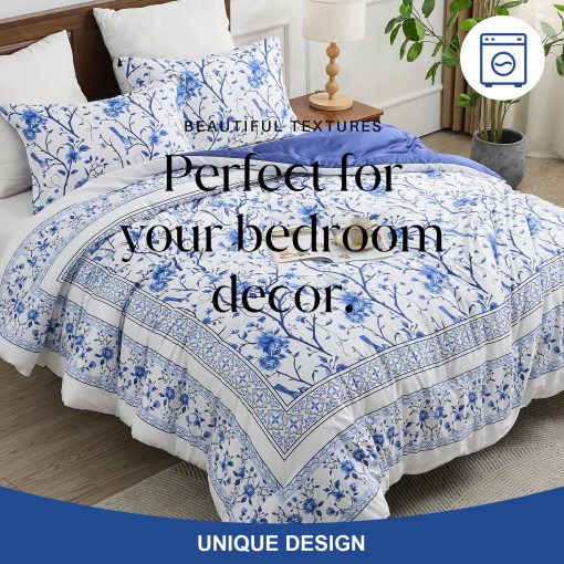 Set de Edredon Queen Size FineStichery, 100% Algodon de Fibra Larga Azul Ramas Florales, Juego de Ropa de Cama Acolchado Reversible de Estilo Granja Suave con Alternativa de Plumon y 2 Fundas de Almohada para Todas las Estaciones - Imagen 7