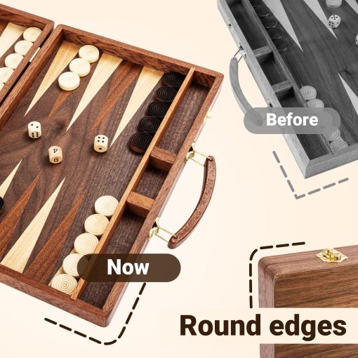 Juego de tablero de backgammon de madera de sapele Ropoda (15 pulgadas) para adultos y ninos - Juego de estrategia de tablero clasico - Juego de backgammon portatil y de viaje con piezas de juego de madera y accesorios - Imagen 2