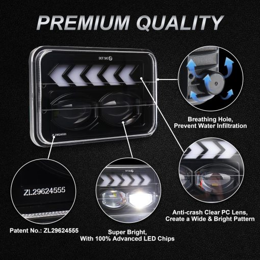 Faros LED FNGET 4pcs 4x6 con Haz Alto/Bajo DRL Blanco Flecha Secuencial de Giro ambar Reemplazo Compatible con Kenworth Peterbilt Oldsmobile Cutlass - Imagen 3