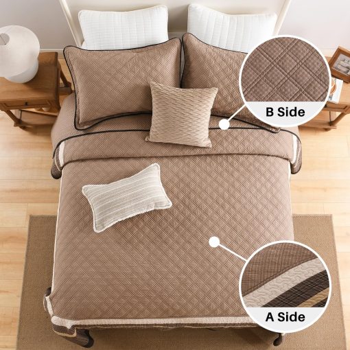 Colcha de cama extra grande FineStichery 120"x102" - Juego de cubrecamas de algodon al estilo granja para cama queen con fundas de almohada, Cubierta de cama acolchada ligera, 3 piezas, Cafe/Beige - Imagen 5