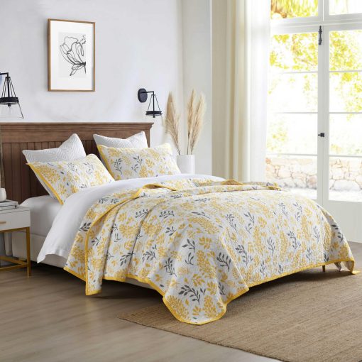Colcha de Colchas de Tamano Queen Qiqiong, Floral 100% Algodon Juego de Ropa de Cama Colcha de Granja Tamano Queen Ligera Juego de Edredon Reversible para Cama Queen Cubrecamas, Amarillo Blanco 3 Piezas - Imagen 3
