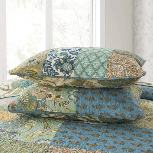 Set de edredon NEWLAKE tamano California King, 100% algodon Patchwork verde, juego de edredones bohemios, colcha reversible ligera y transpirable para todas las estaciones, colcha acolchada suave con 2 fundas de almohada - Imagen 7