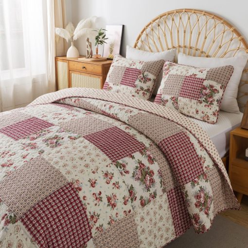 Juego de Colcha de Patchwork de Algodon SLPR Country Roses - Tamaño Queen con 2 Fundas de Almohada, Ropa de Cama Floral de Estilo Frances, Colcha de Granja Roja Acolchada con Patron de Flores - Imagen 3