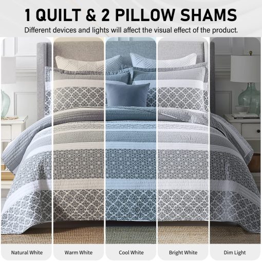 Sets de edredon King PERHOM 100% algodon, Edredon King Size gris azulado con estampado floral, Juego de ropa de cama King ligero para todas las estaciones, 3 piezas - Imagen 3