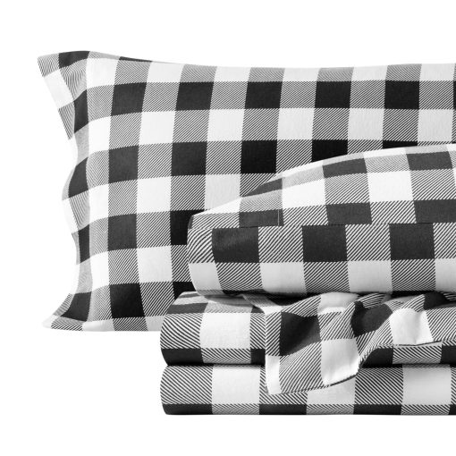 Juego de sabanas de franela estampadas Bare Home, 100% algodon, suave y pesado - Franela de doble cepillado para mayor suavidad y comodidad - Bolsillo profundo - Sabanas para cama (Split King, Buffalo Plaid - Blanco/Negro)