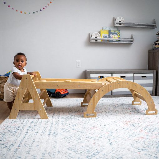 Set de Escalada Montessori Maple 5 en 1 de Avenlur - Gimnasio de Escalada para Bebes - Triangulo Escalador Plegable, Rampa de Escalada, Treparco, Tobogan, Balancin - Gimnasio Interior para Edades de 3 meses a 36 meses - Imagen 2