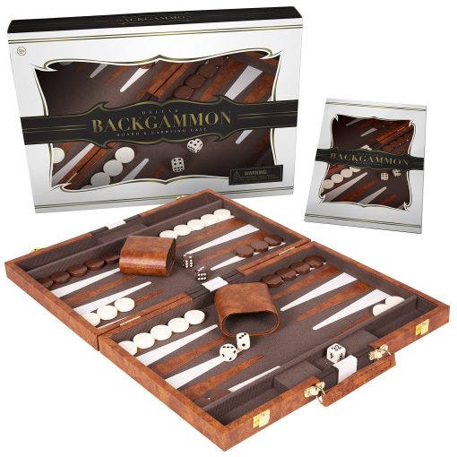 Juego de Backgammon 15 pulgadas, Mediano - Juego de Mesa Clasico para Adultos y Ninos con Estuche de Cuero Premium - Incluye Guia de Estrategia y Consejos (Marron)