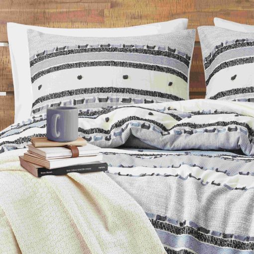Juego de edredon Hyde Lane Boho Blue King - Conjunto de ropa de cama moderna de granja, tapizado con algodon y rayas jacquard en tonos neutros de estilo rustico recortado, 3 piezas que incluyen fundas de almohada a juego (104x90 pulgadas) - Imagen 6