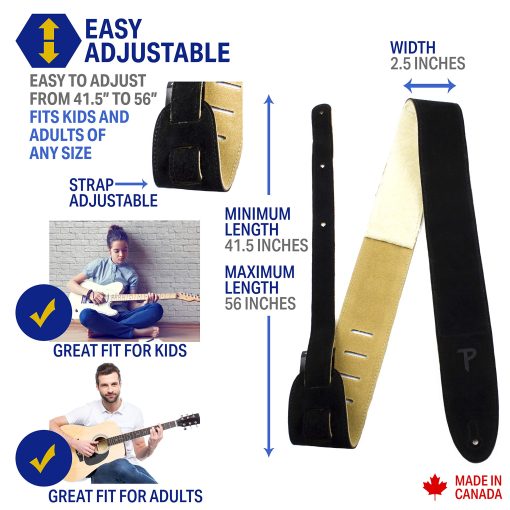 Correa de Guitarra de Gamuza con Almohadilla de Piel de Oveja, Negra, Anti-Deslizante, Clasica, Apta para Todos los Niveles, Extra Larga, de 41" a 56" Pulgadas, Compatible con Todos los Sistemas de Bloqueo de Botones - Imagen 2