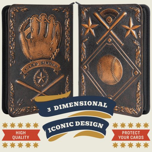 Carpeta de tarjetas de beisbol: impresionante carpeta de cuero PU en relieve 3D y coloreada a mano - album de 9 bolsillos con cremallera - Libro de mangas de carga lateral de 360 para tarjetas de beisbol de intercambio - Funciona con Topps, Bowman, Panini.. - Imagen 2