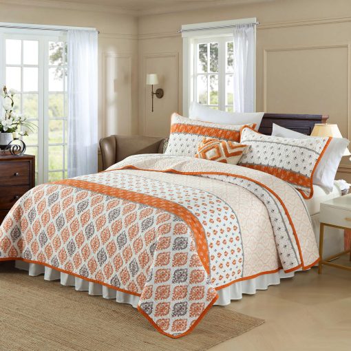 Edredon Tamaño King - Edredon Floral de Algodon 100% Naranja Granja Suave Colcha King Ligera Edredon King Size Juego de Ropa de Cama Reversible Edredon King con 2 Fundas de Almohada - Imagen 3