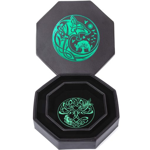 Bandeja de Dados DND - Bandeja de Dados Premium de 8 Pulgadas Dungeons and Dragons - Diseno Exquisito Detallado del arbol del Mundo Verde y Lobo Cuervo - Bandeja Perfecta para Tirar Dados de RPG con Almacenamiento de Dados de D&D - Imagen 8